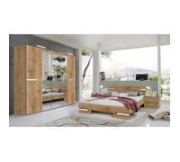 Chambre à coucher complète adulte LILYA (lit 140x190 cm + 2 chevets + armoire) coloris imitation chêne poutre-chrome brillant