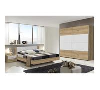 Chambre à coucher complète adulte (lit 180x200cm + 2 chevets + armoire) coloris imitation chêne poutre-blanc