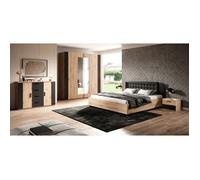 Chambre à coucher complète FOX : Armoire 200cm, Lit 160x200, commode, chevets. Couleur chêne clair et noir