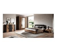 Chambre à coucher complète FOX: Armoire 200cm, Lit 160x200, commode, chevets. Couleur chêne foncé et noir Marron