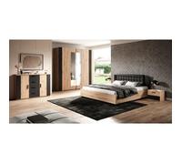 Chambre à coucher complète FOX : Lit coffre 180x200, Armoire, commode et chevets. Couleur chêne clair et noir Marron
