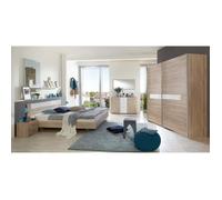 Chambre à coucher complète, imitation chêne, rechampis verre blanc + chrome - Dim : 180 x 200 cm