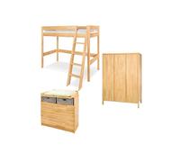 Chambre à coucher complète - PINOLINO - Large - Lit mezzanine hêtre massif - Convertible adolescent - Armoire 3 portes