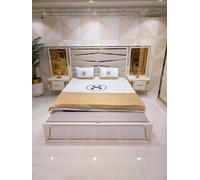 Chambre à coucher de luxe Ensemble lit + 2x tables de chevet en bois Complet Moderne Or Nouveau