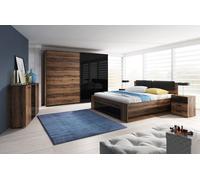 Chambre à coucher FLOYD : armoire 220cm, lit 180x200, commode, tables de nuit. Couleur chêne foncé et noir brillant.