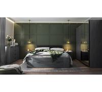 Chambre à coucher FLOYD : armoire 220cm, lit 180x200, commode, tables de nuit. Couleur grise imitation bois.