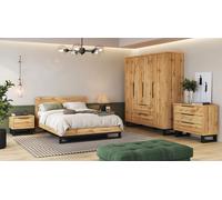 Chambre à coucher industrielle complète MILOS : armoire, sommier 180x200, commode, tables de nuit, chêne brut/noir