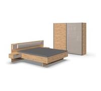 Chambre à coucher (Lit adulte 160x200cm + 2 chevets + armoire) coloris imitation chêne Artisan/Façade verre gris - PEGANE -