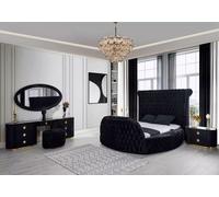 Chambre à coucher noire ensemble lit 2x tables de chevet coiffeuse Chesterfield 5pcs.
