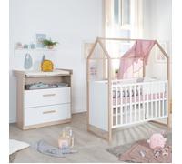 Chambre Bébé 2 Pièces ROBA - Cabane - Lit 60x120 Transformable + Commode à Langer Évolutive - Blanc - Chêne