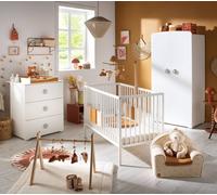 Chambre bébé complète basic, lit 120x60 tout barreaux, commode à langer 3 tiroirs et armoire 2 portes - boutons cœur - basic blanc/gris TU