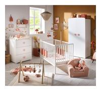Chambre bébé complète basic, lit 120x60 tout barreaux, commode à langer 3 tiroirs et armoire 2 portes - boutons cœur - basic blanc/rose TU