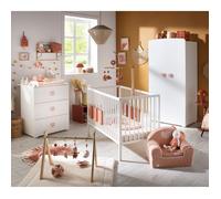 Chambre bébé complète basic, lit 120x60 tout barreaux, commode à langer 3 tiroirs et armoire 2 portes - boutons cœur - basic blanc/rose TU