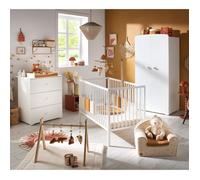 Chambre bébé complète basic, lit 120x60 tout barreaux, commode à langer 3 tiroirs et armoire 2 portes - boutons cœur - basic blanc TU