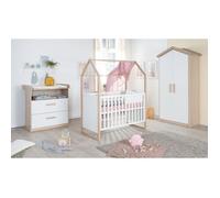 Chambre Bébé Complète ROBA - Cabane - Lit 60x120 Transformable + Commode à Langer Évolutive + Armoire - Blanc - Chêne