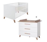 Chambre Bébé Duo ROBA - Ole - Lit Évolutif 70x140 cm + Commode à Langer avec Plan à Langer Amovible - Blanc - Chêne Foncé