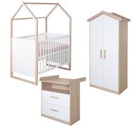 Chambre Bébé Complète Roba - Cabane - Lit 60x120 Transformable + Commode À Langer Évolutive + Armoire - Blanc - Chêne Blanc