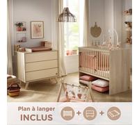 Chambre bébé, lit 120x60 évolutif et commode à langer 3 tiroirs - melinee beige TU