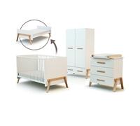 AT4 - Chambre bébé lit, commode à langer 3 Tiroirs + armoire en bois Blanc et Hêtre Verni -