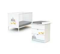 WEBABY - Duo Lit Bébé et Commode Renard Blanc | Lit 60x120 | Sommier réglable 3 hauteurs | Commode à langer 3 tiroirs | Plan à langer amovible inclus
