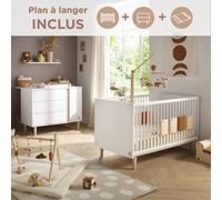 Chambre bébé, lit évolutif et commode à langer 3 tiroirs et 1 porte - paloma blanc TU