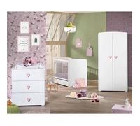 Chambre Bébé Trio Lit Bébé Blanc + Commode À Langer 3 Tiroirs Boutons Coeur + Armoire 2 Portes Boutons Coeur Basic