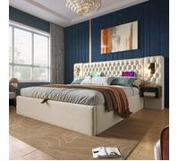 Chambre Complète 160x200 Cm - Lit Avec Tête Éclairée USB Et Rangement Hydrauliqu - Velours Beige