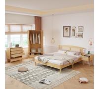 Chambre complète, 4 pièces, lit en rotin moderne, table de chevet, commode, armoire, lit double de 160 x 200 cm, pin + panneaux de particules + rotin PE, naturel