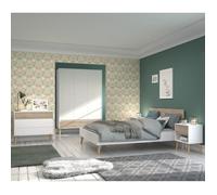 Chambre complete - AALBORG - Scandinave - Blanc / Chene - Lit 140 x 190 cm, 2 chevets, commode, armoire -