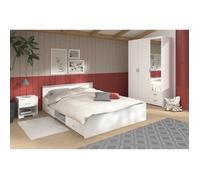 Chambre complète adulte: Lit 160 x 200 cm + armoire 3 portes et 2 tiroirs + 2 chevets - Décor Blanc - PARISOT