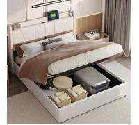 Chambre complete adulte,sommier 160x200,lit deux place,Lit coffre 160x200,lit Capitonné,rangement,ports USB et Type-C,Lin,Beige