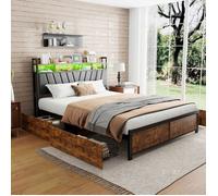 Chambre complete adulte,sommier 160x200,lit deux place,Lit coffre 160x200,lit led 160 x 200,4 Tiroirs-LED-rangement-USB-Marron Noir