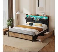 Chambre complete adulte,sommier 160x200,lit deux place,Lit coffre 160x200,lit led 160 x 200,4 Tiroirs-LED tête-USB-PU-Marron Noir