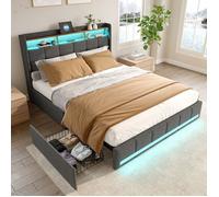 Chambre complete adulte,sommier 160x200,lit deux place,Lit coffre 160x200,lit led 160 x 200,LED,Rangement,USB,4 Tiroirs,Lin,Gris