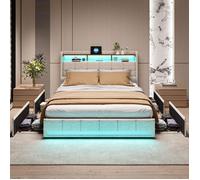 Chambre complete adulte,sommier 160x200,lit deux place,Lit coffre 160x200,lit led 160 x 200,LED,Rangement,USB,4 Tiroirs,Lin,Beige