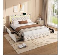 Chambre complete adulte,sommier 160x200,lit deux place,Lit coffre 160x200,lit led 160 x 200,Rangement-USB-LED-4 Tiroir-Velours-Beige