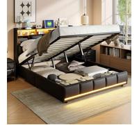 Chambre complete adulte,sommier 160x200,lit deux place,Lit coffre 160x200,lit led 160 x 200,rangement tête-USB-LED tête/pied-PU-Noir