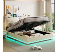 Chambre complete adulte,sommier 160x200,lit deux place,Lit coffre 160x200,lit led 160 x 200,rangement tête-USB-LED-Velours-Beige