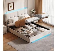 Chambre complete adulte,sommier 160x200,lit deux place,Lit coffre 160x200,lit led 160 x 200,rangement,LED,rembourré,Velours,Beige
