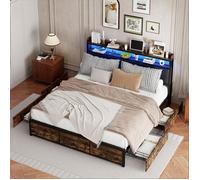 Chambre complete adulte,sommier 160x200,lit deux place,Lit coffre 160x200,lit led 160 x 200,tête PU noir mat,LED,4 Tiroirs,Marron