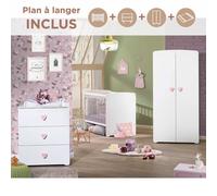 Chambre complète bébé avec lit à barreaux, commode à langer et armoire 2 portes - basic blanc/rose TU