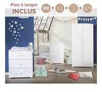 Chambre complète bébé avec lit à barreaux, commode à langer et armoire 2 portes - basic blanc TU