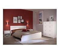 Chambre complete BOSTON : Lit adulte 140x190 + Commode + 1 Chevet - Décor blanc - Fabriqué en France
