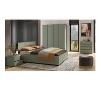 Chambre complète design collection HAVANA coloris vert sauge et noir - Lit coffre 160x200, armoire, commode et chevets.
