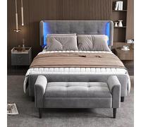 Chambre complète - Design moderne - Lit rembourré, 1 table de chevet + tabouret de lit, lit double, avec 16 bandes lumineuses colorées sur les oreilles latérales, table de chevet avec 2 tiroirs, en