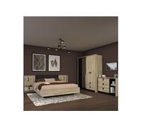 AltoBuy Chambre complète lit 160x200 avec 2 chevets Suspendus 1 Armoire 3P et 1 Commode - ELOUAN