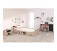 Chambre complete enfant 3 pieces ZODIAC - Lit + chevet + bureau - Décor chene/noir - Chêne/noir G