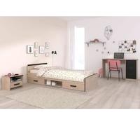 Chambre complete enfant 3 pieces ZODIAC - Lit + chevet + bureau -Reproduction chene/noir - PARISOT
