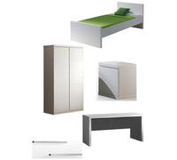 Chambre enfant 5 pièces lit chevet bureau étagères et armoire 2 portes bois laqué blanc Lara 90x200 cm