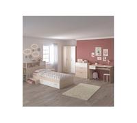 Chambre complète enfant CHARLINE - Lit 90x190 avec environnement, armoire 3P, bureau, commode - Panneau de particules mélaminé bois clair et blanc